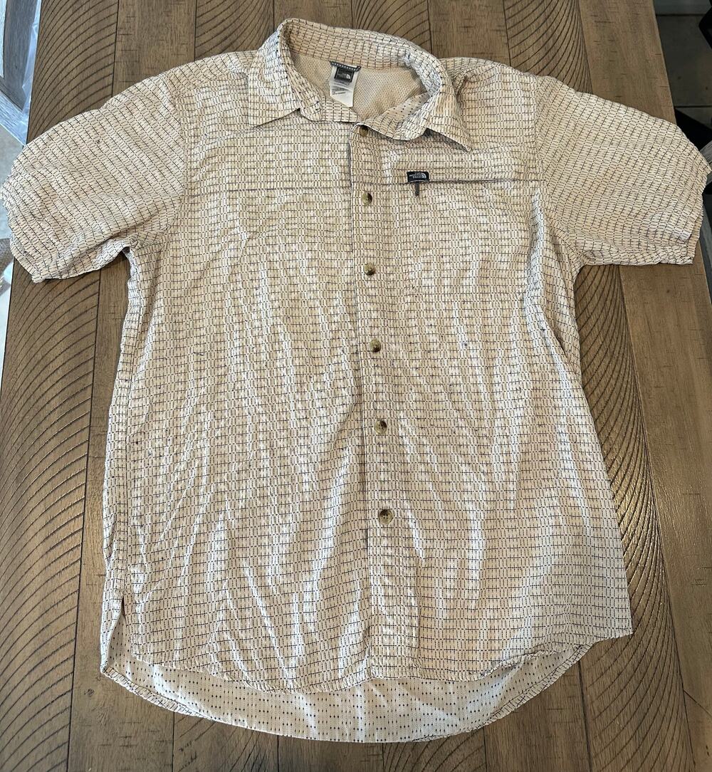 The North Face Men's Medium Short Sleeve Button Down Shirt Beige Check Pattern